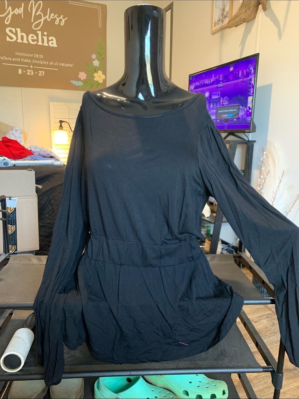 #137 Crazy Train Black Long Sleeve Waist-Detail Top with Flare Sleeves